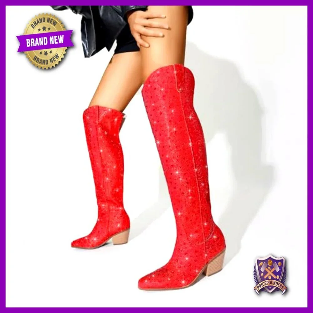 Sparkly Rhinestone Over the Knee Cowboy Boots Western Pull-On Chunky Heel